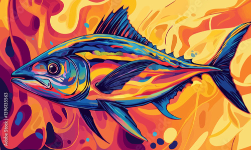 A vibrant illustration of a bluefin tuna in a cartoon style 