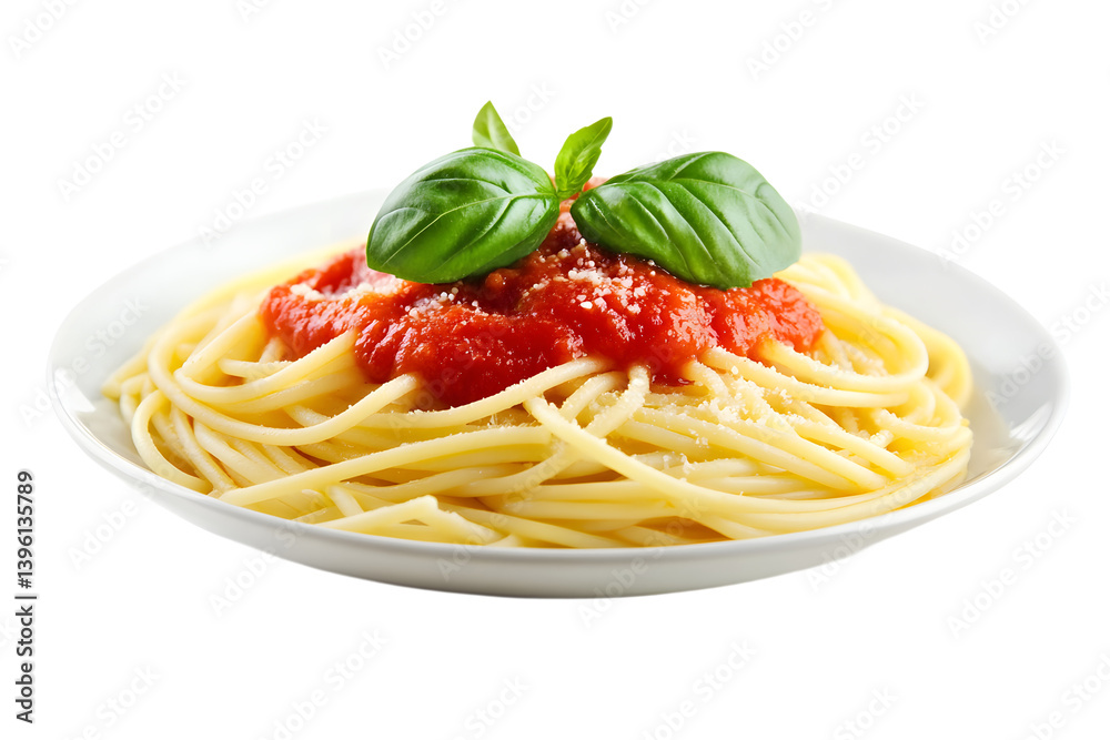 A plate of spaghetti with tomato sauce and basil leaf garnish on transparent background A plate of spaghetti with tomato sauce and basil leaf garnish on transparent background