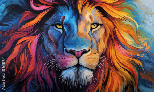 A striking lion head is illustrated with a colorful mane, radiating strength and artistry in a captivating design