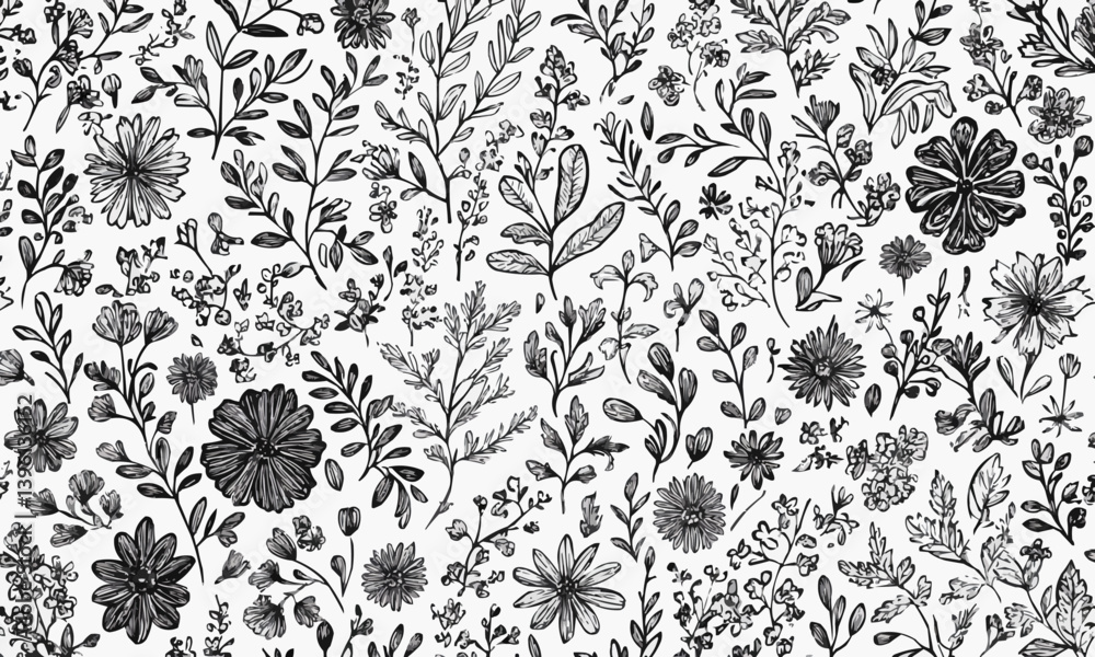 A vintage black and white texture showcasing a seamless floral background with an outlined pattern of wildflowers and herbs,