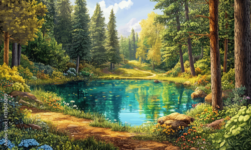 A vibrant summer forest scene unfolds with a crystal clear lake nestled on a sunlit glade surrounded by lush trees and a winding path