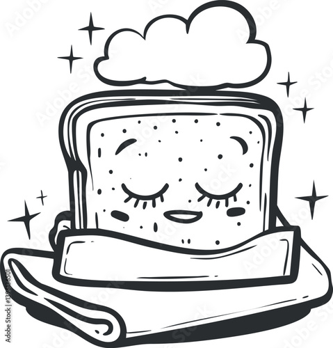 A cute cartoon slice of bread with a smiling face wrapped in a cozy blanket.