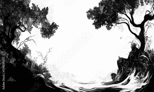 A swirling ink drop landscape evoking a dense jungle with trees and vines