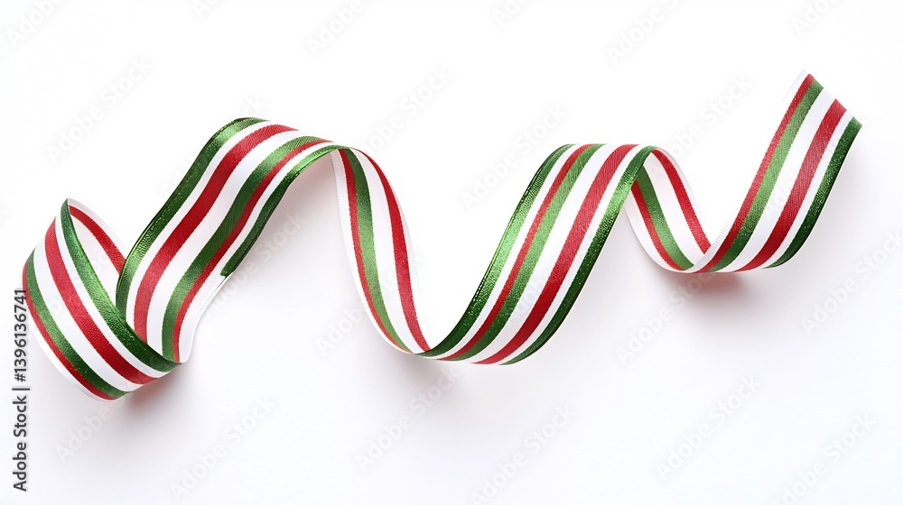 Fototapeta premium Classic striped Christmas ribbon twirling elegantly a white background forming soft festive curves