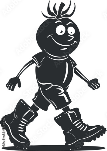 A cheerful cartoon character walking in oversized boots with a playful expression.