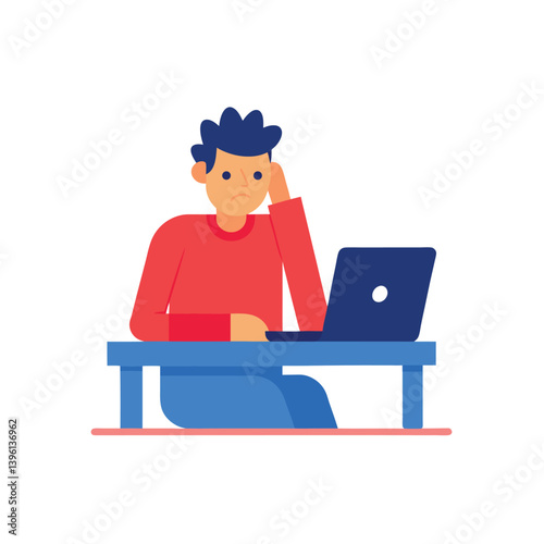 Upset Employee Sitting at Desk Vector Drawing