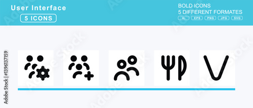 Set of 5 bold user interface icons,users, gear, user, slash, medical