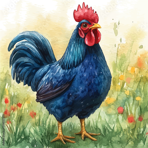 Rooster, watercolor illustration, isolated on a white background.

