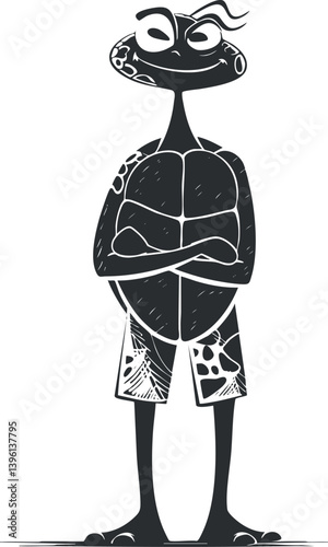 A playful cartoon turtle character in beach attire with a relaxed and friendly demeanor.