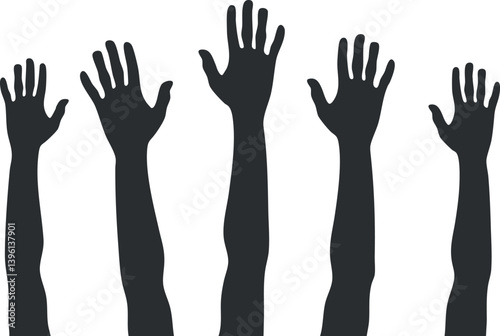 Silhouette of multiple hands raised in a gesture of support and unity against a white background.
