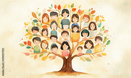 A watercolor illustration of a family tree.