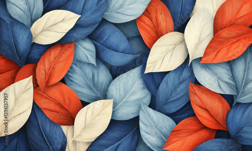 A visually appealing arrangement of stylized leaves in bold shades of blue, orange, and white, creating a harmonious and modern botanical pattern.