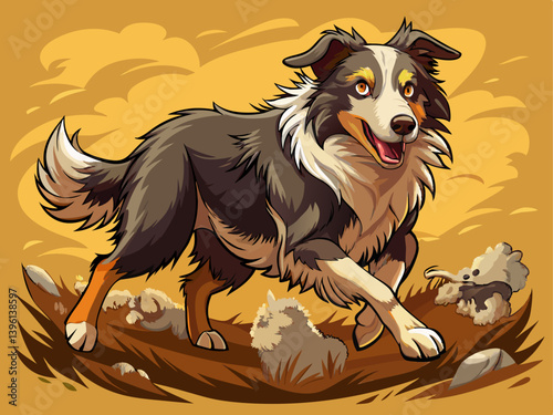 A professional vector of a working sheepdog in action, placed on a solid brown background