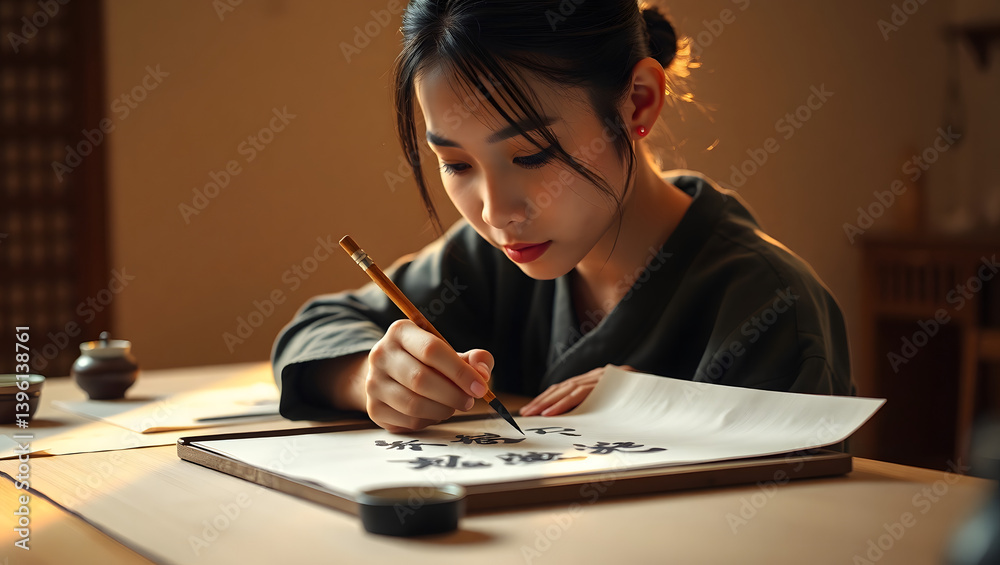 Young Asian Woman Practicing Traditional Calligraphy Young Asian Woman Practicing Traditional Calligraphy