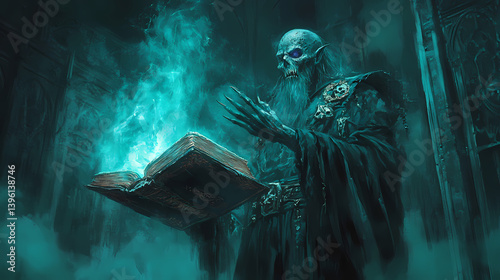 Imposing lich illustration, powerful sorcerer casting spells from an ancient tome. Phantom Spellbook. Illustration photo