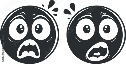 A pair of cartoon emoticons expressing fear and surprise in a playful design.