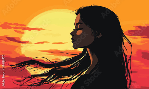 A young woman with long black hair, depicted in a minimalist art style similar to an illustration, silhouetted against a vibrant sunset.