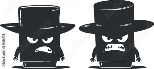 Two cartoon characters with angry expressions wearing hats, showcasing a humorous design.