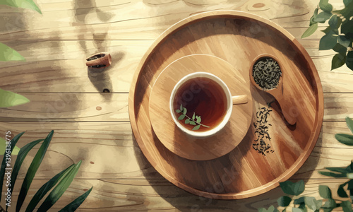 A wooden table set with a cup of tea, tea leaves, and a wooden spoon. The circle of the cup contrasts with the natural elements of wood and plant life illustration