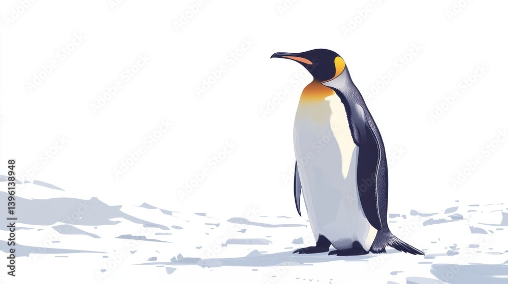 Naklejka premium King penguin standing Antarctic snow, winter wildlife illustration