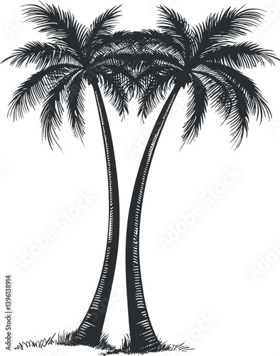 Two tall palm trees silhouetted against a bright tropical sky creating a serene beach atmosphere.