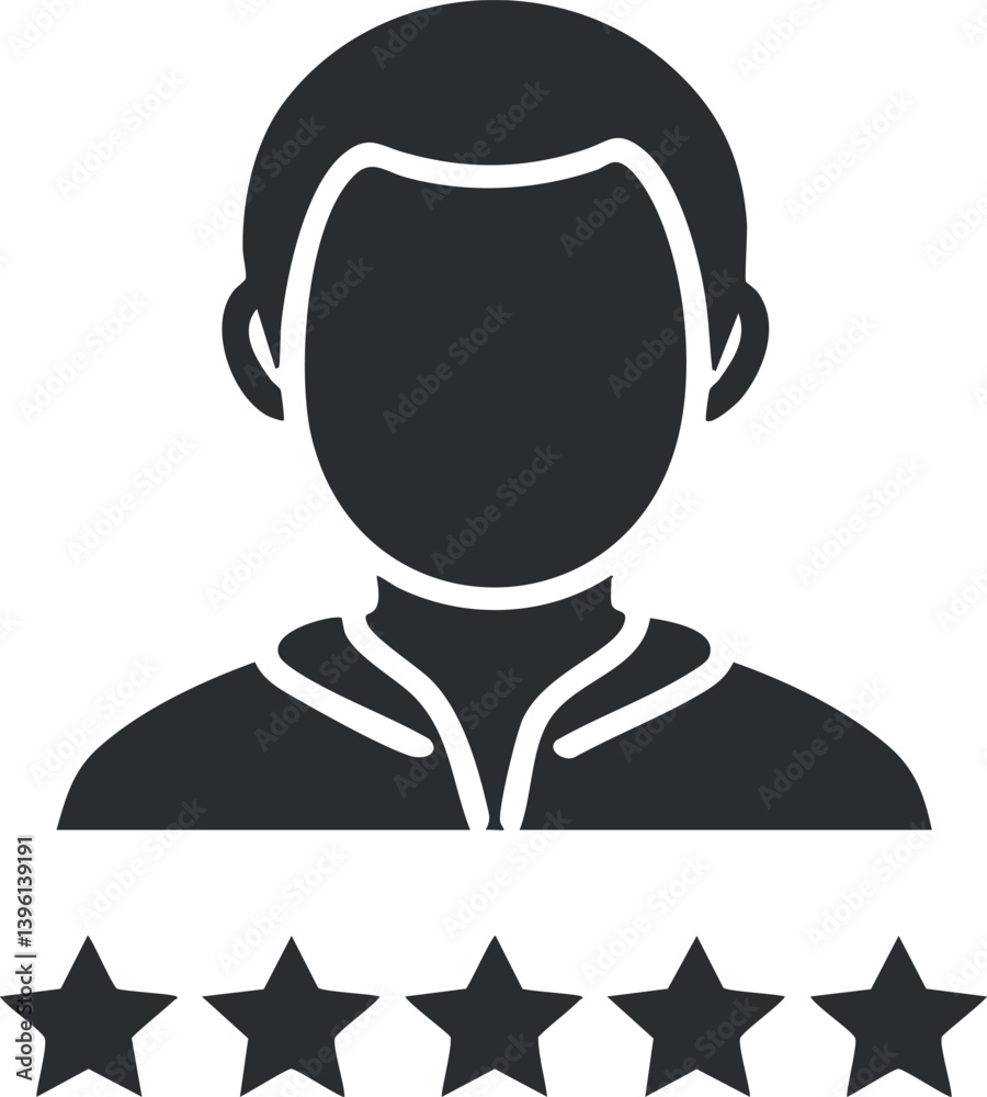 A minimalist avatar icon representing a user profile with star rating symbols below. A minimalist avatar icon representing a user profile with star rating symbols below.