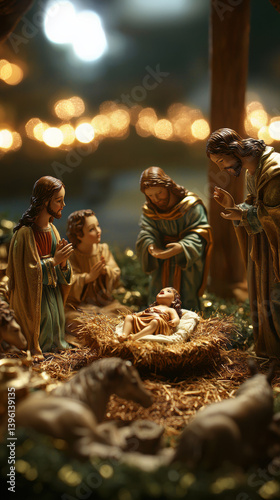 A classic nativity scene depicts the holy family Mary Joseph and baby Jesus with shepherds and animals in a dimly lit stable setting showcasing traditional Christmas figures.