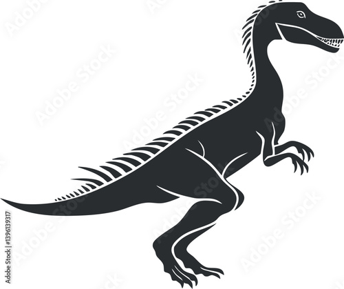 A black silhouette illustration of a dinosaur raptor in a dynamic pose.