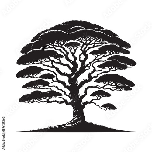 Juniper Tree Vector Silhouette, Hardy Evergreen Tree Outline, Nature-Inspired Clipart for Wall Art, Logos, Stickers, Apparel, Digital Prints, Crafts, Posters, and Home Decor.
