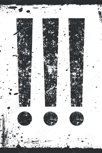 A bold graphic design featuring three exclamation marks and dots on a textured background.