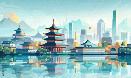 Abstract cityscape with iconic Buddhist landmarks illustrating the seamless integration of ancient teachings and modernity in urban environments inspired by Buddhist culture. simple minimalist