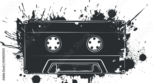 A stylized illustration of a cassette tape with a splatter background, ideal for retro music themes.