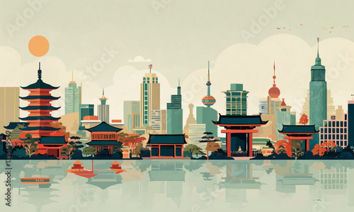 Abstract cityscape with iconic Buddhist landmarks illustrating the seamless integration of ancient teachings and modernity in urban environments inspired by Buddhist culture. simple minimalist