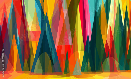 Abstract geometric forest with vibrant colors and bold shapes conveying the complexity and diversity found in nature. simple minimalist illustration creative