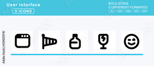 Set of 5 bold user interface icons,window, maximize, minimize, restore, windsock