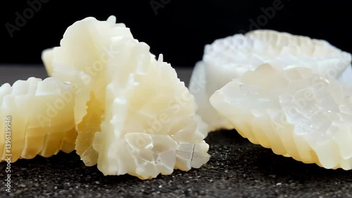 Translucent, textured pieces of wax or soap with a creamy color, arranged on a dark surface. The pieces have intricate patterns and varying shapes, showcasing their unique designs. 
