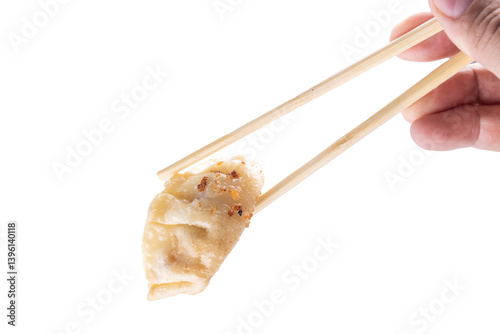 hand holding chopstick o gyoza oriental japanese food isolated photo