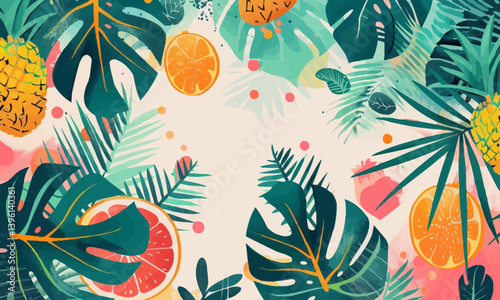 Abstract tropical palm leaves and exotic fruits, providing a festive and exotic background for a summer or beach-themed party. simple minimalist illustration creative