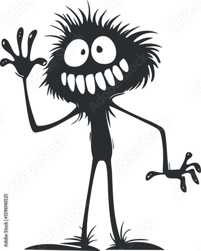 A whimsical cartoon monster with a playful expression and spiky hair waving cheerfully.