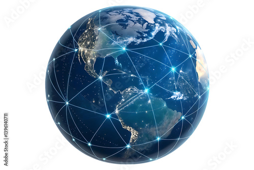 Global network connection: earth globe with digital communication lines on transparent background