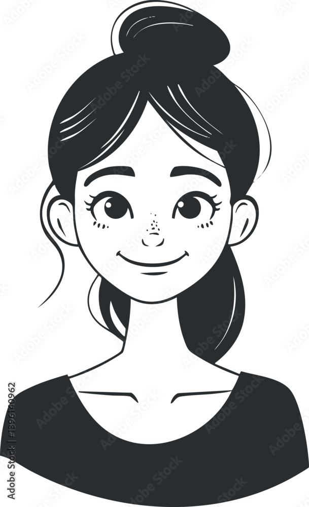 A cheerful female character illustration featuring a smiling face with stylized features. A cheerful female character illustration featuring a smiling face with stylized features.