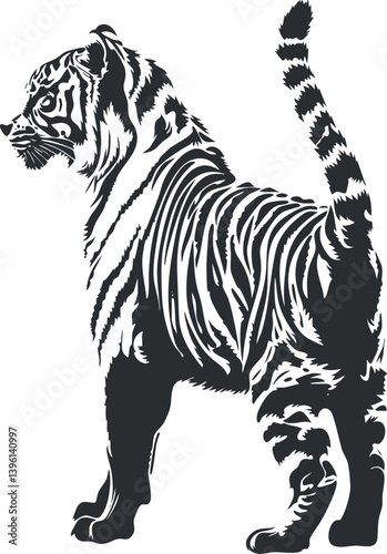 Stylized illustration of a tiger showcasing its distinctive stripes and powerful stance.