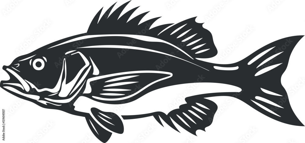 Stylized black and white silhouette of a fish perfect for fishing and nature themes.