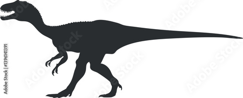 A silhouette of a dinosaur representing a Tyrannosaurus in a striking pose.