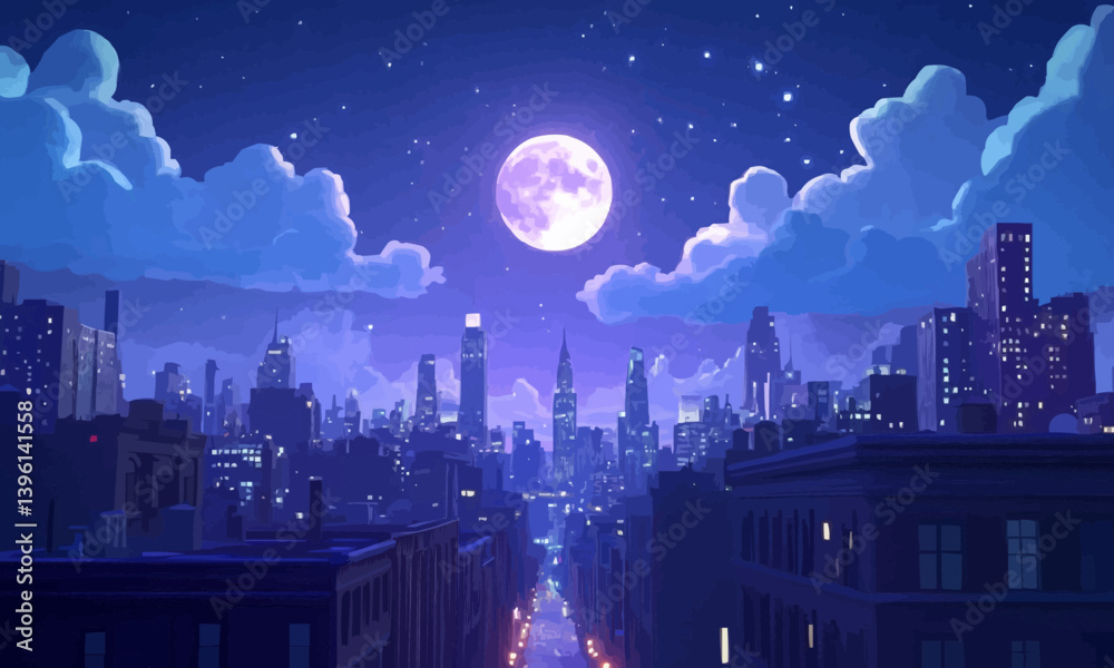 An animated cartoon landing page showcasing a midnight cityscape promenade under a full moon, with stars and fluffy clouds.
