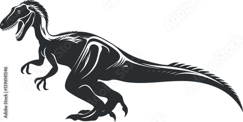 Stylized black and white illustration of a ferocious dinosaur in a dynamic pose.