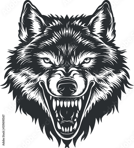 A fierce black and white illustration of a snarling wolf head showcasing its sharp teeth.