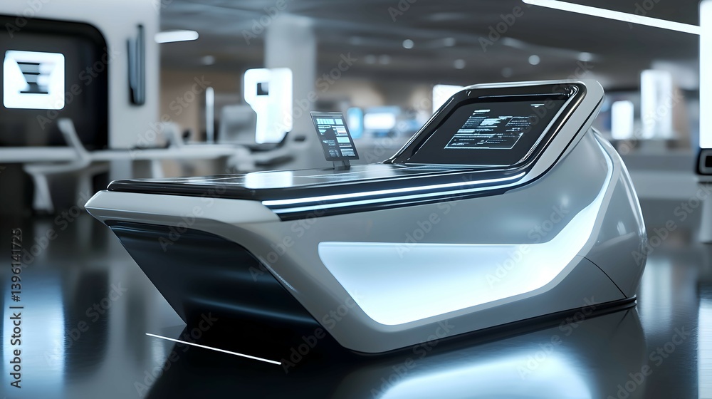 Fototapeta premium A futuristic shopping mall with automated checkout systems, sitting on a polished table in a retail development office