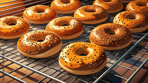 Selective focus of freshly baked bagels set to cool on a steel cooking rack.