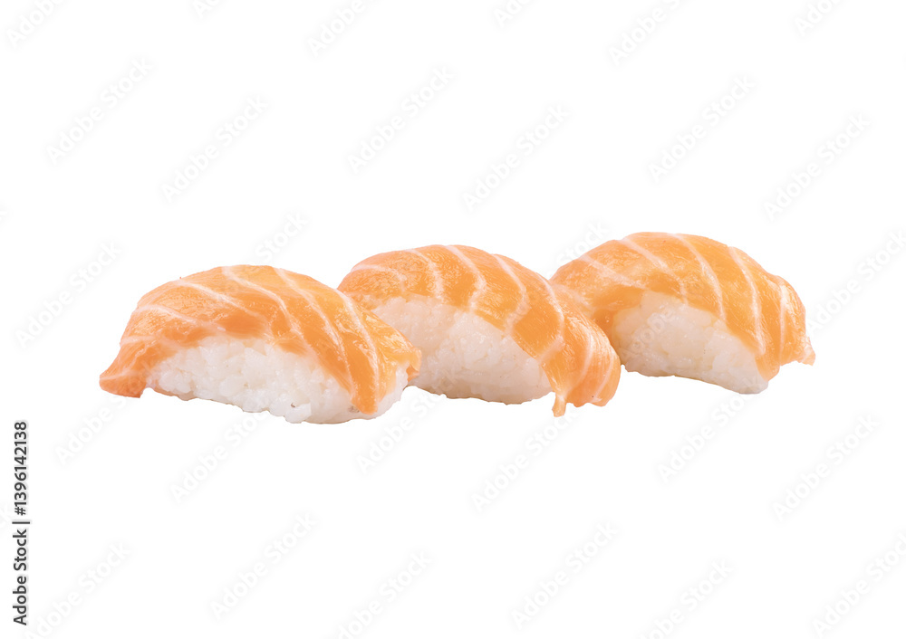 three pieces of japanese oriental raw salmon sushi nigiris isolated side by side three pieces of japanese oriental raw salmon sushi nigiris isolated side by side